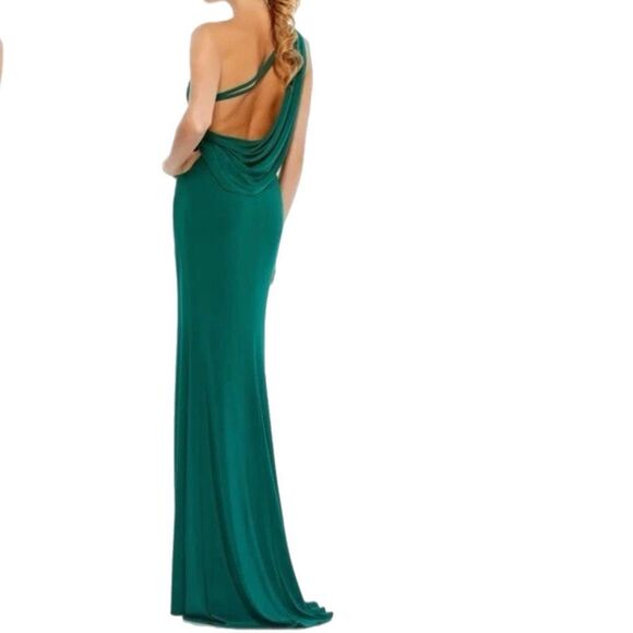 NWT Ieena for Mac Duggal One Shoulder Draped Back Gown in emerald green (Style # - Picture 3 of 14
